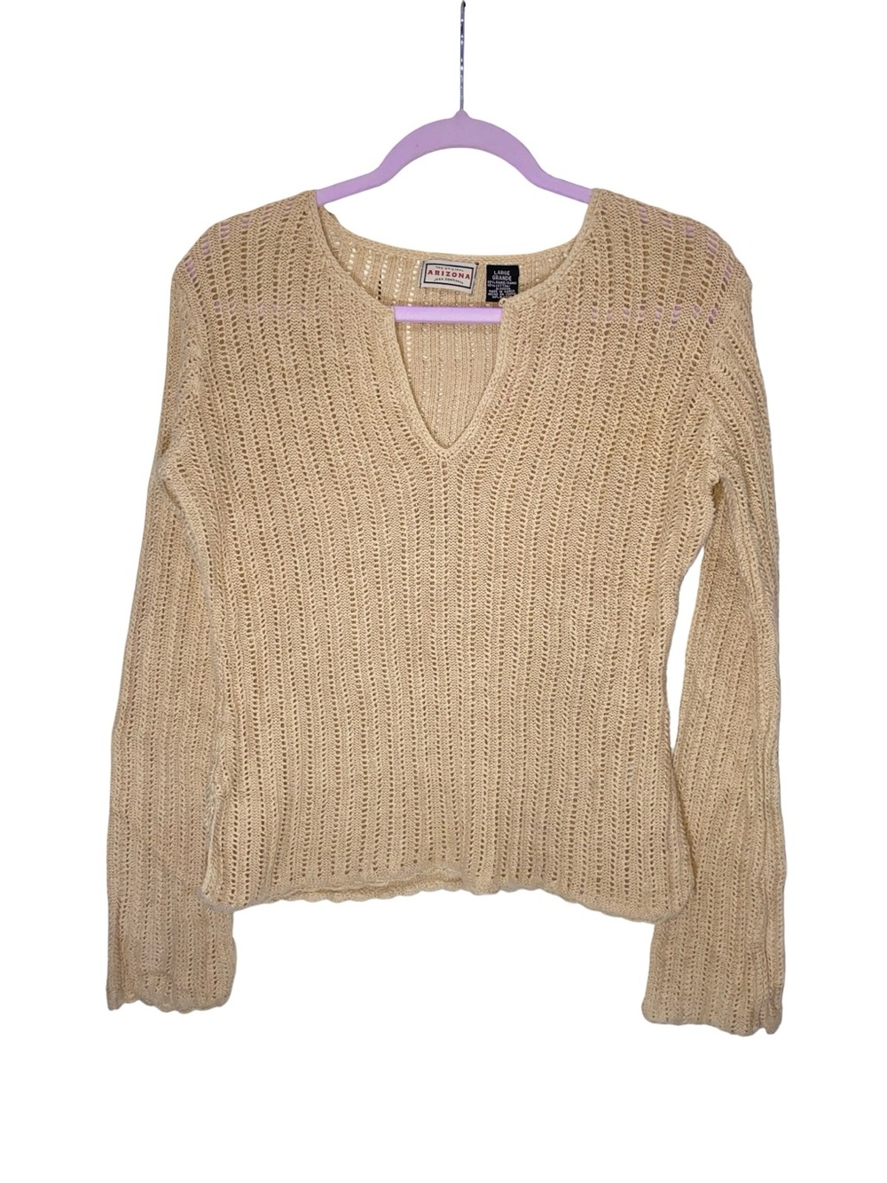 Vintage 90s Arizona Jean Co Cream Open Knit Split V-Neck Ramie Blend Sweater